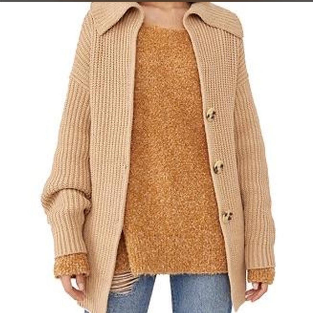 Free People Tan Beige Knit Button-Front Cardigan